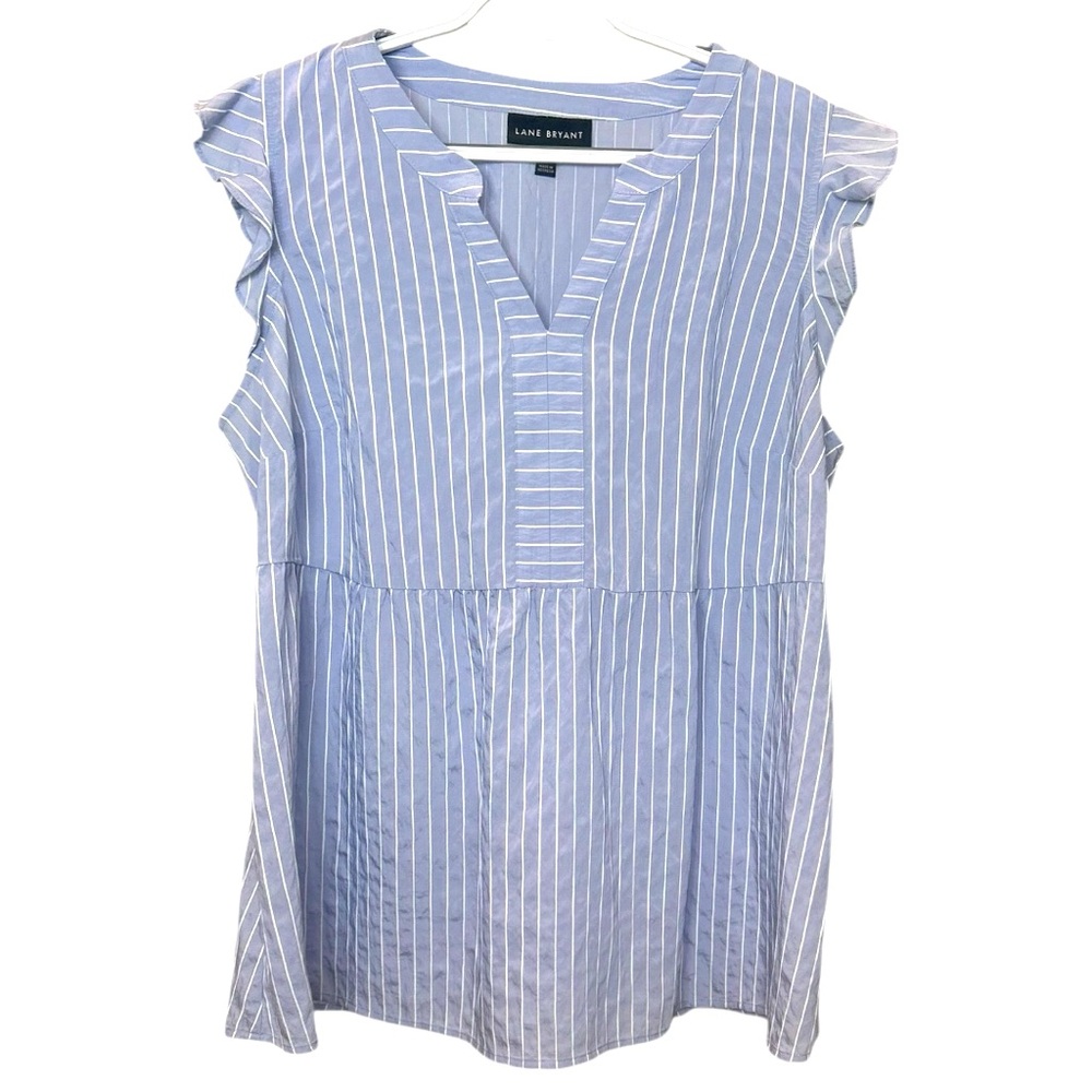 Lane Bryant Size 14 Blue and White Striped Blouse Capped Ruffle Sleeve Vneck